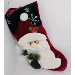 Santa Velvet Christmas Stocking‎ 3-D Red Green Pine Garland Snowflake 17x9